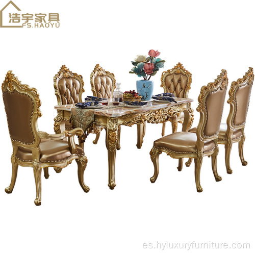 Juego de comedor dorado de estilo europeo de madera maciza de roble con 6 sillas